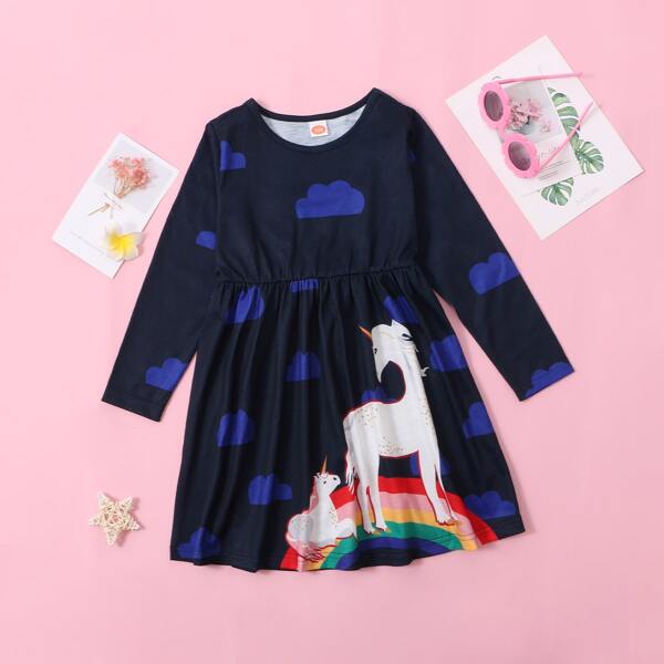 

Toddler Girls Unicorn Print Babydoll Dress, Navy blue