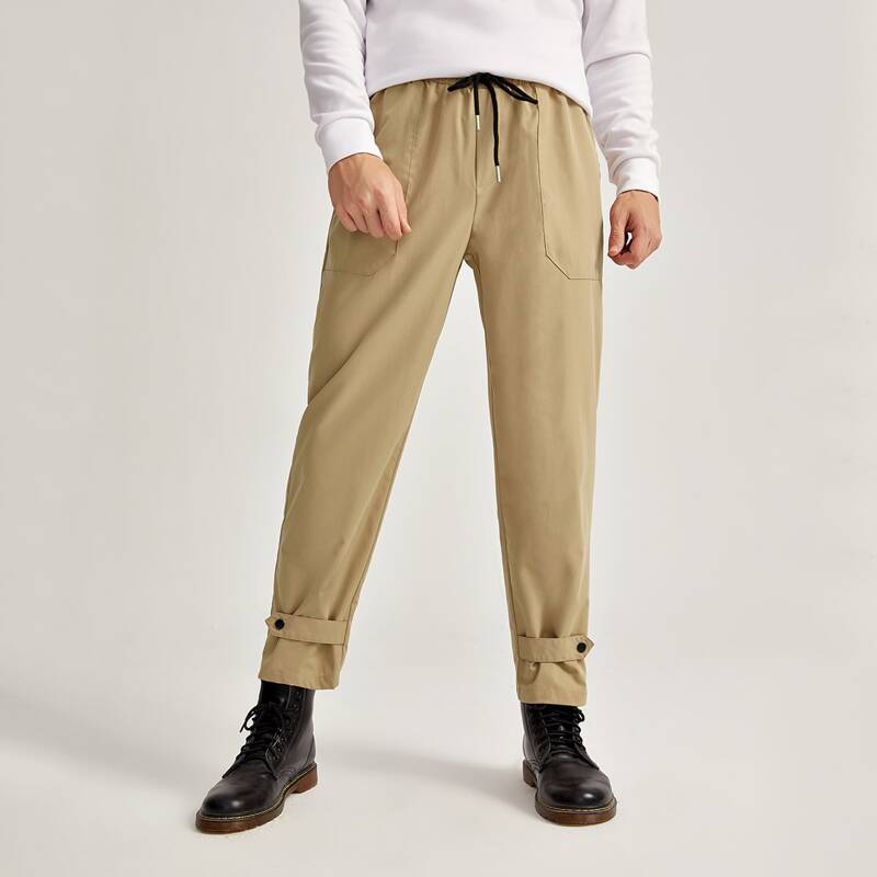 

Guys Drawstring Waist Patch Pocket Hem Button Strap Pants, Khaki