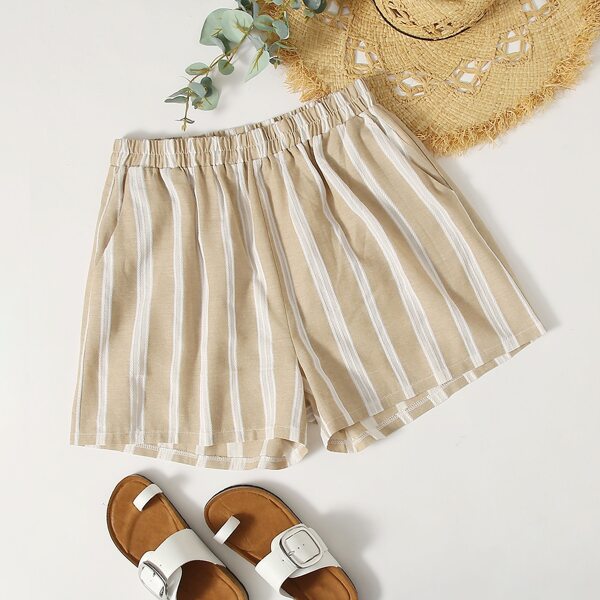 

Plus Elastic Waist Slant Pocket Striped Shorts, Khaki