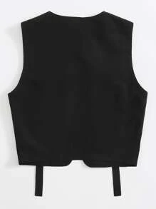 Muchica Zip Up Flap Pocket Patched Front Vest Jacket - Black - View 2