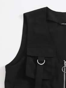 Muchica Zip Up Flap Pocket Patched Front Vest Jacket - Black - View 4