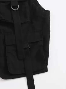 Muchica Zip Up Flap Pocket Patched Front Vest Jacket - Black - View 5