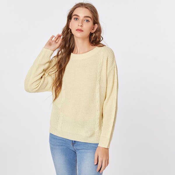 

Drop Shoulder Cable Knit Sweater, Beige