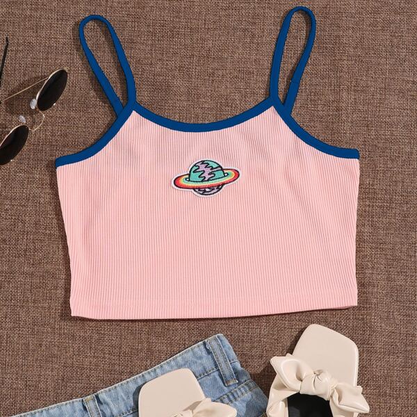 

Earth Embroidery Contrast Binding Cami Top, Baby pink