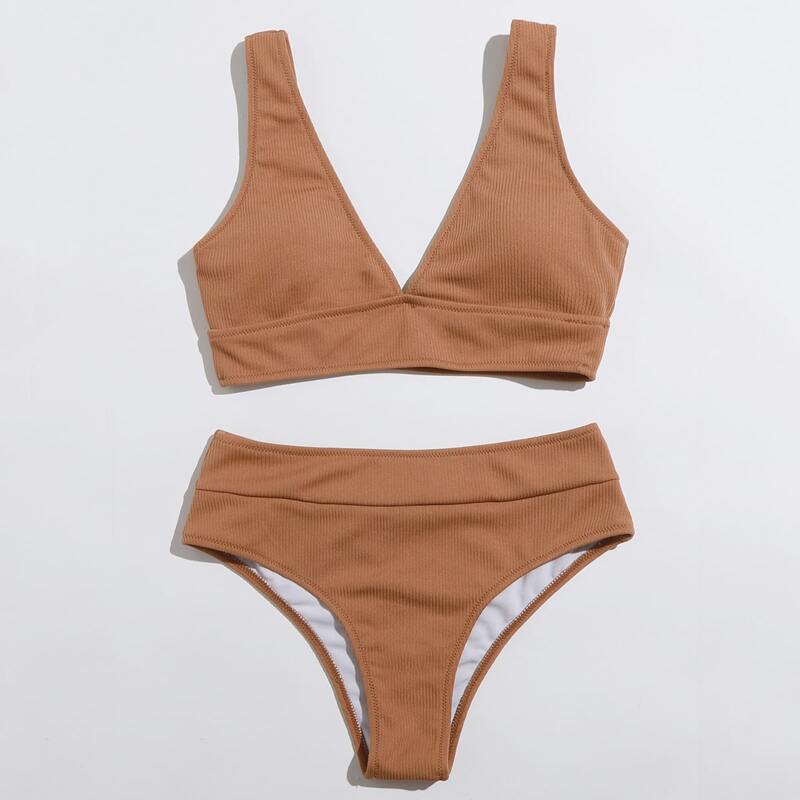 Rib High Waisted Bikini Swimsuit, Brown