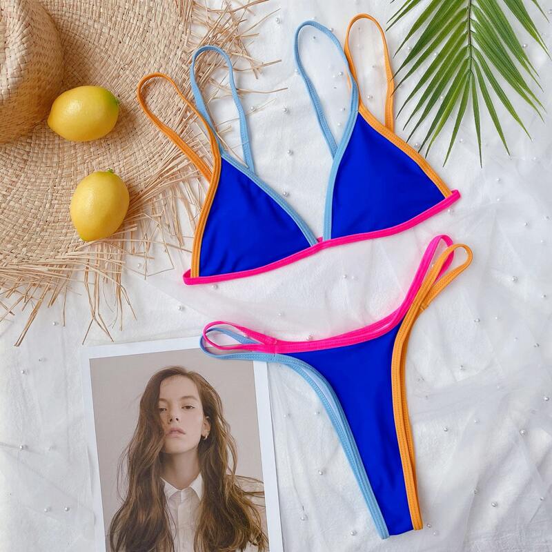 

Contrast Binding Triangle Thong Bikini Swimsuit, Royal blue