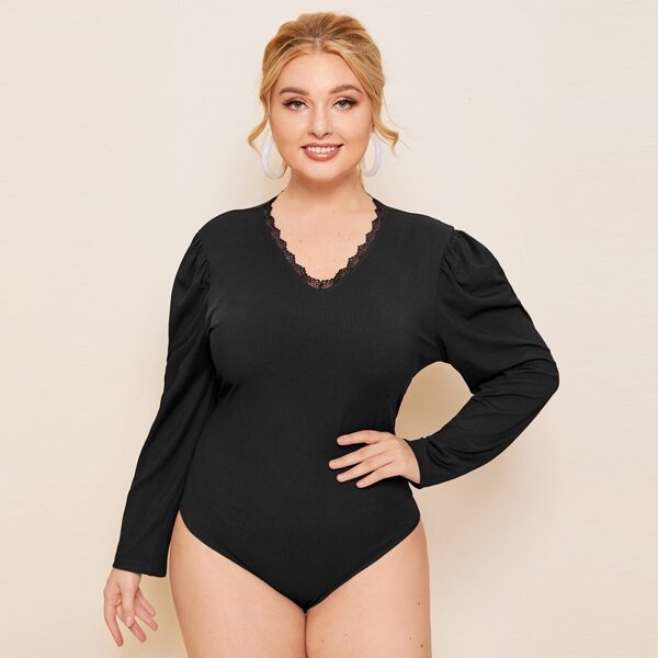 

Plus Lace Trim Puff Sleeve Rib-knit Bodysuit, Black