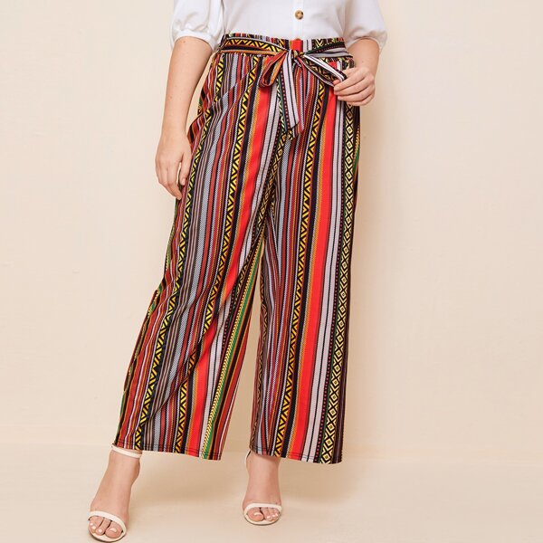 

Plus Striped Tie Front Wide Leg Pants, Multicolor