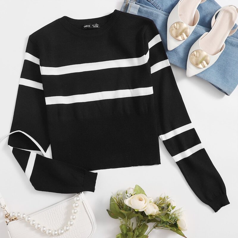 

Round Neck Striped Sweater, Black