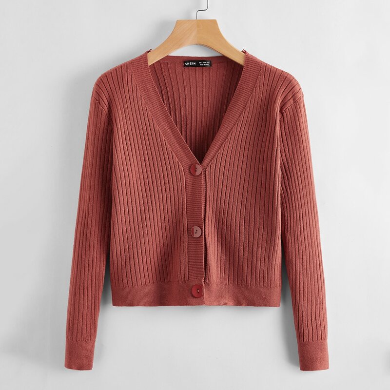 

Button Front Rib-knit Cardigan, Rusty rose