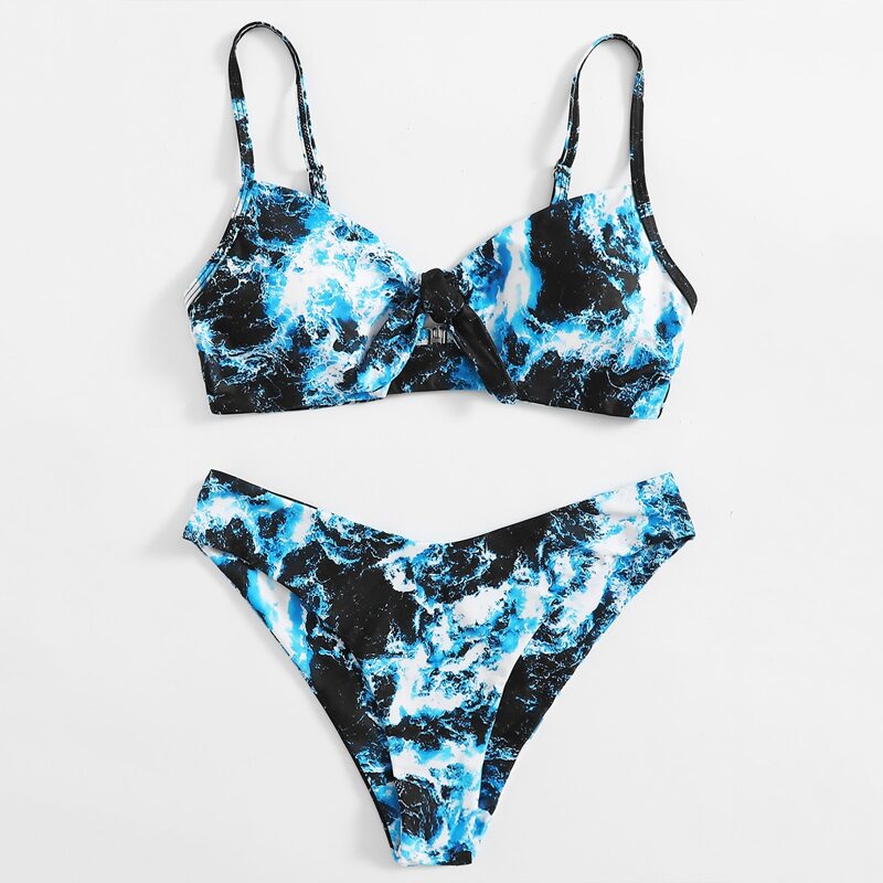 

Sea Wave Print Knot Front Bikini Swimsuit, Multicolor