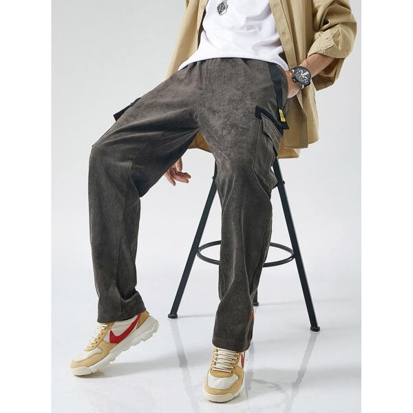 

Men Letter Tape Corduroy Cargo Pants, Dark grey