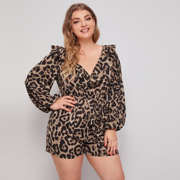 

Plus Lantern Sleeve Ruffle Trim Leopard Romper, Multicolor