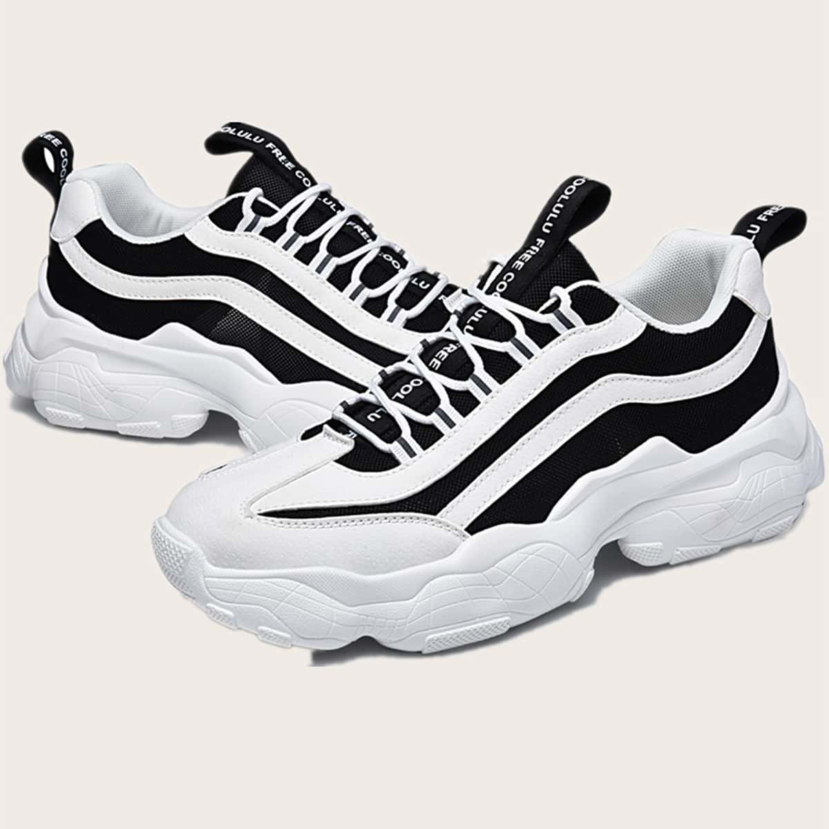 Guys Lace-up Front Two Tone Chunky Sneakers, Black and white