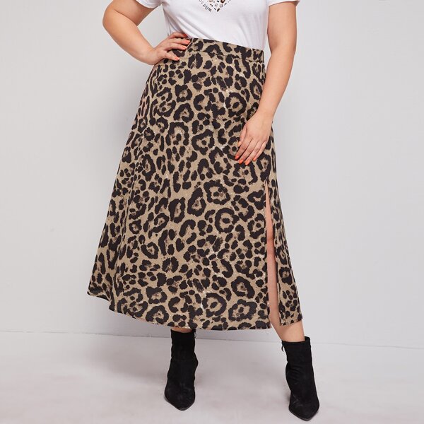 

Plus Split Thigh Leopard Skirt, Multicolor
