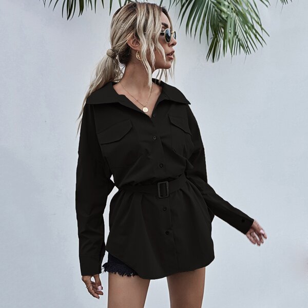 

Drop Shoulder Curved Hem Belted Coat, Black