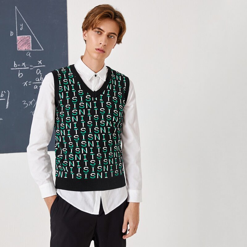 

Guys Allover Letter Print Sweater Vest, Multicolor