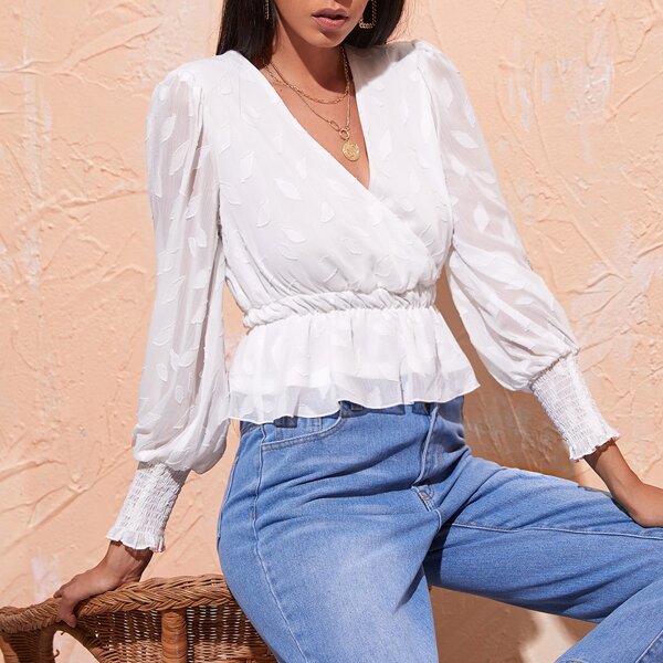 

Ruffle Hem Jacquard Top, White