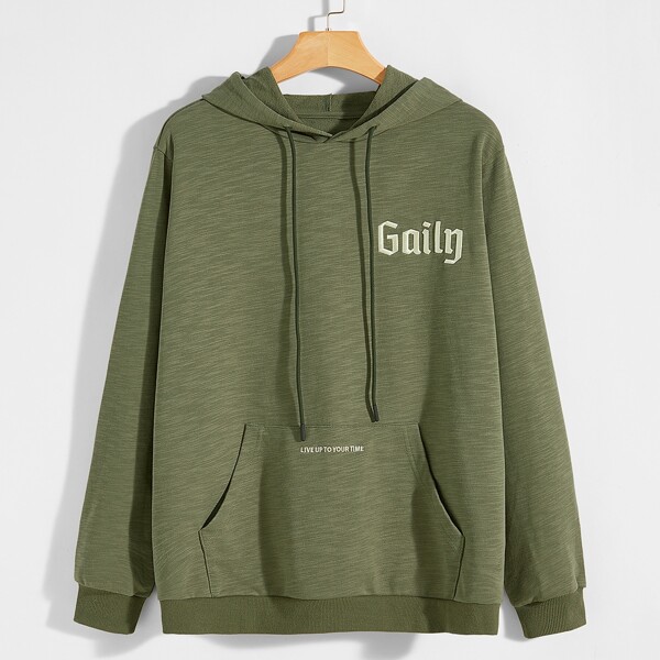 

Men Letter Embroidery Kangaroo Pocket Hoodie, Army green