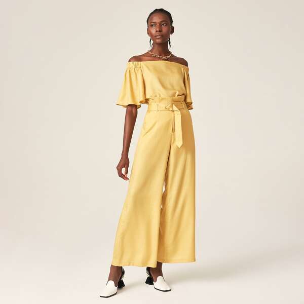 

TENCEL OFF SHOULDER TOP & BELTED PANTS SET, Mustard yellow