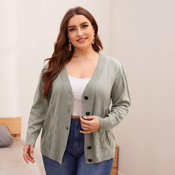 

Plus Cable Knit Button Up Cardigan, Grey