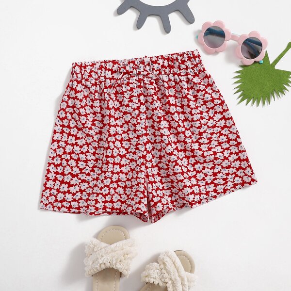 

Girls Ditsy Floral Print Knotted Waist Shorts, Red and white