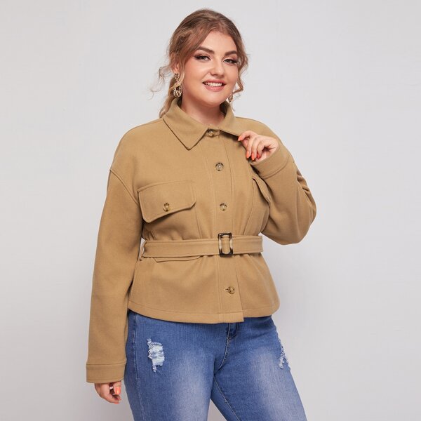 

Plus Drop Shoulder Buttoned Belted Jacket, Camel