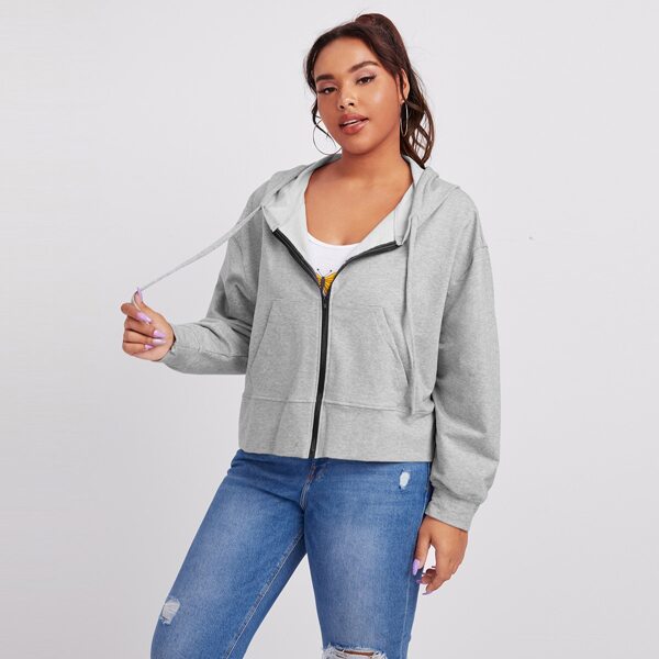 

Plus Drawstring Kangaroo Pocket Zip-up Hoodie, Light grey