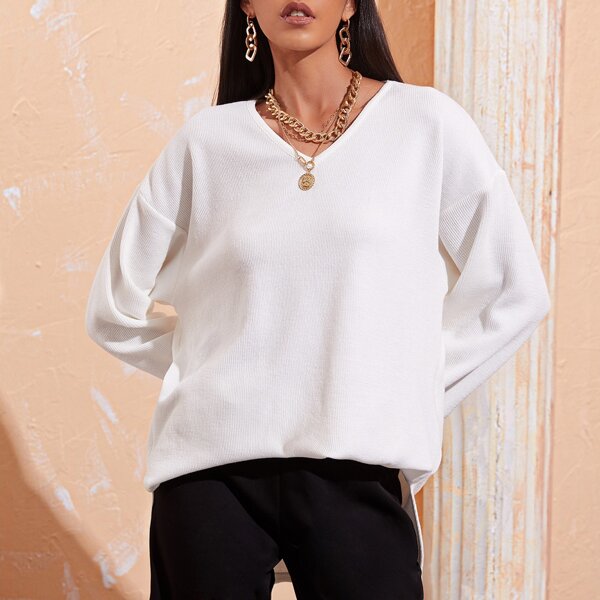 

Curved Hem Drop Shoulder Oversize Top, White
