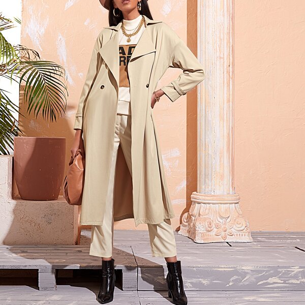 

Drop Shoulder Double Button Belted Trench Coat, Khaki