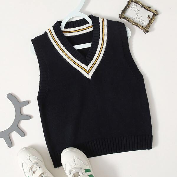 

Toddler Boys Striped Trim V-neck Sweater Vest, Black