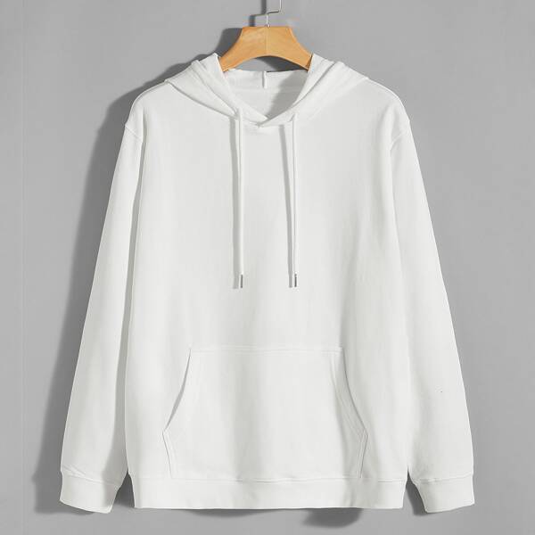 

Men Solid Kangaroo Pocket Drawstring Hoodie, White