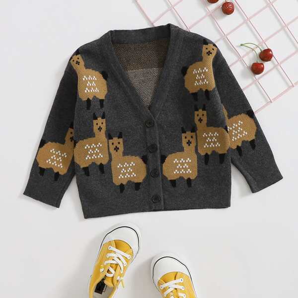 

Toddler Girls Cartoon Pattern Button Up Cardigan, Dark grey