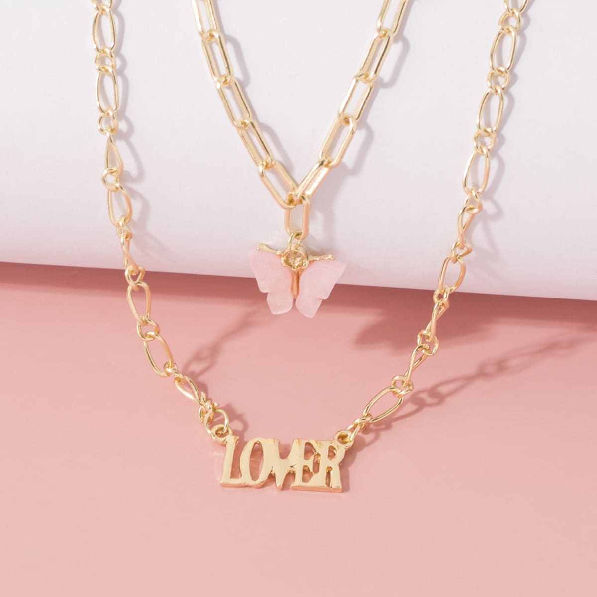 

Butterfly & Letter Layered Chain Necklace, Pink