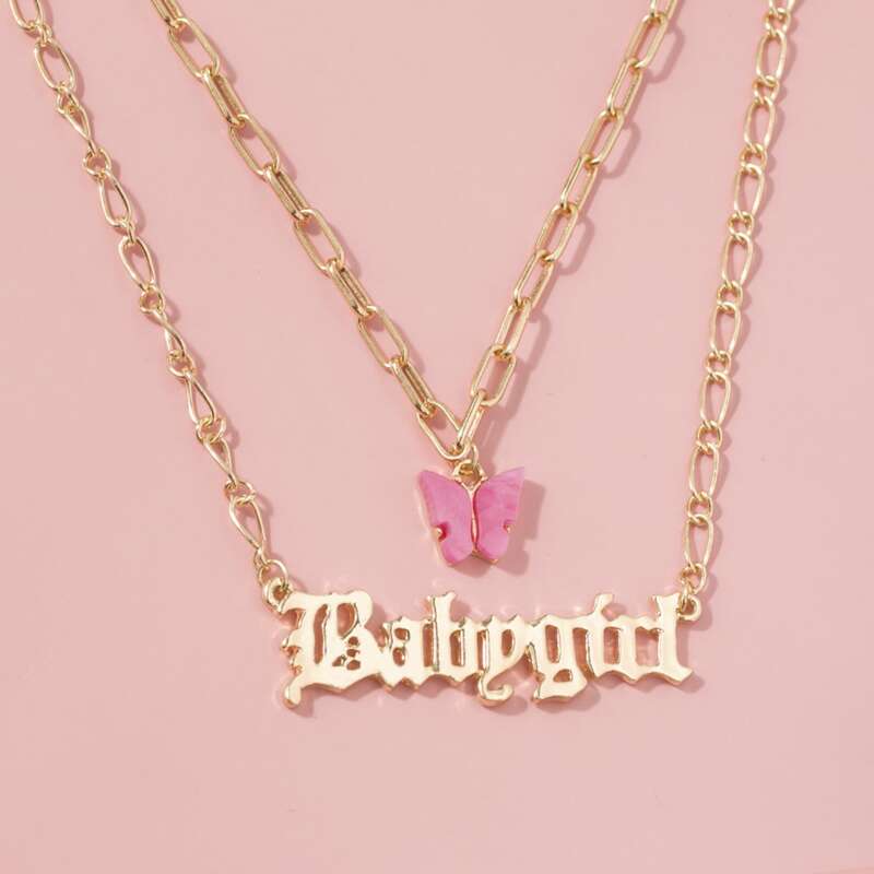 

Butterfly & Letter Layered Chain Necklace, Pink