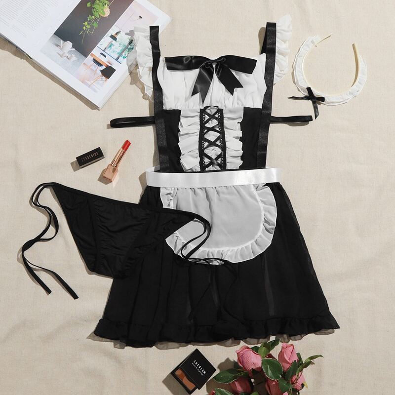 

4packs Maid Uniform Lingerie Set, Black and white