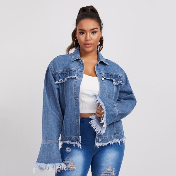 

Plus Raw Edge Button Front Denim Jacket, Medium wash