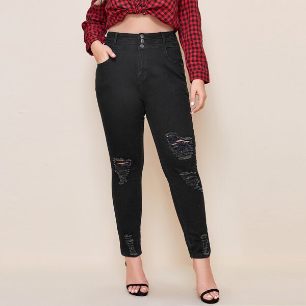 

Plus Button Front Ripped Jeans, Black