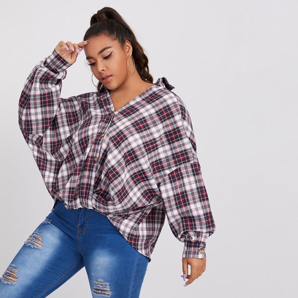 

Plus Tartan Drop Shoulder Button Front Blouse, Multicolor