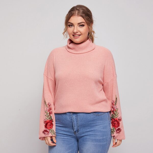 

Plus Drop Shoulder Floral Appliques Sweatshirt, Coral pink