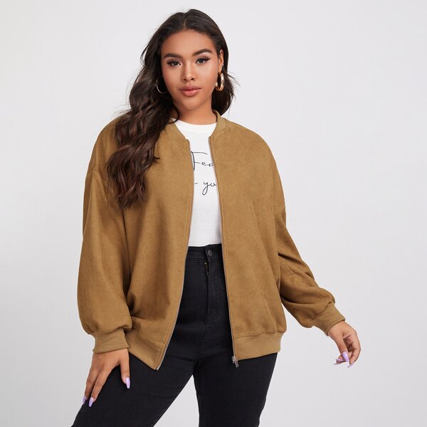 

Plus Zip Up Corduroy Bomber Jacket, Brown