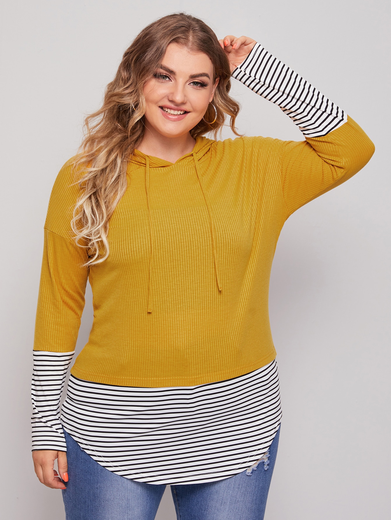 Plus Curved Hem Stripe Drawstring Hoodie thumbnail