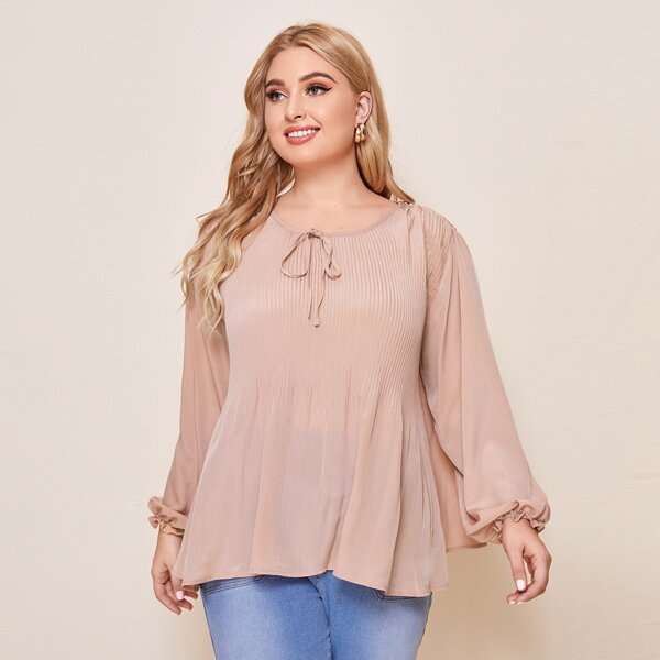 

Plus Tie Neck Pleated Detail Blouse, Pink pastel