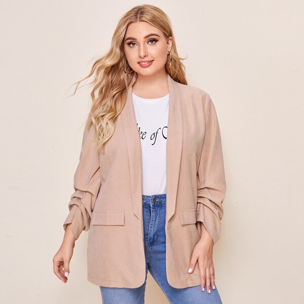 

Plus Shawl Collar Ruched Sleeve Blazer, Baby pink