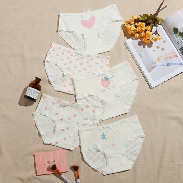 

5pack Rib Strawberry & Heart Print Panty Set, White