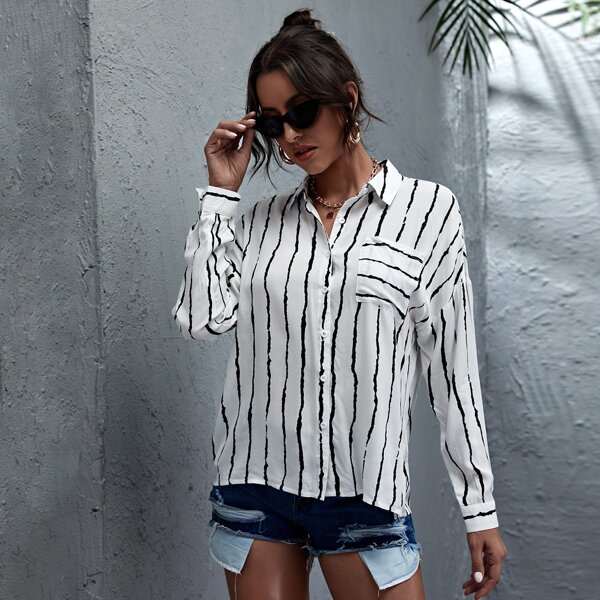 

Button Front Striped Top, White