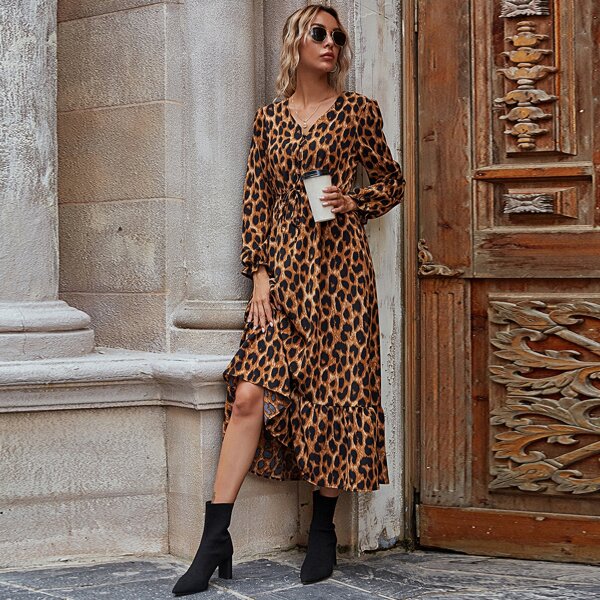 

Leopard Print Half Button Front A-Line Dress, Multicolor