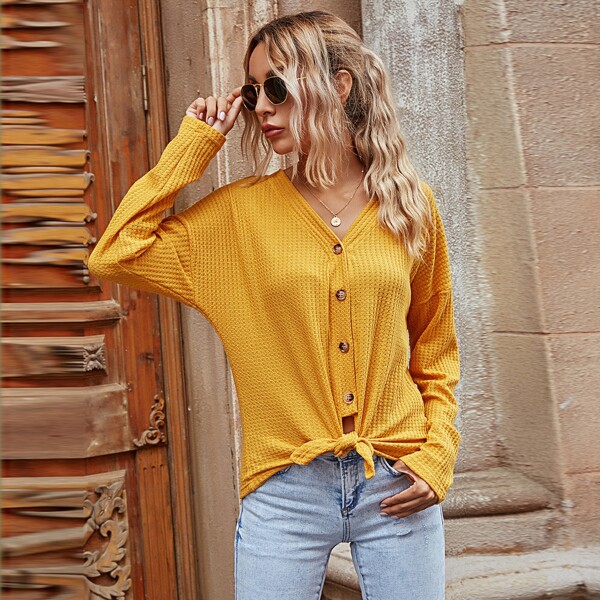 

Button Up Knot Hem Waffle Tee, Mustard yellow