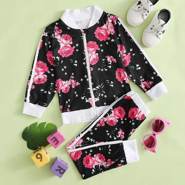 

Toddler Girls Floral Print Zip Up Bomber Jacket And Pants Set, Multicolor