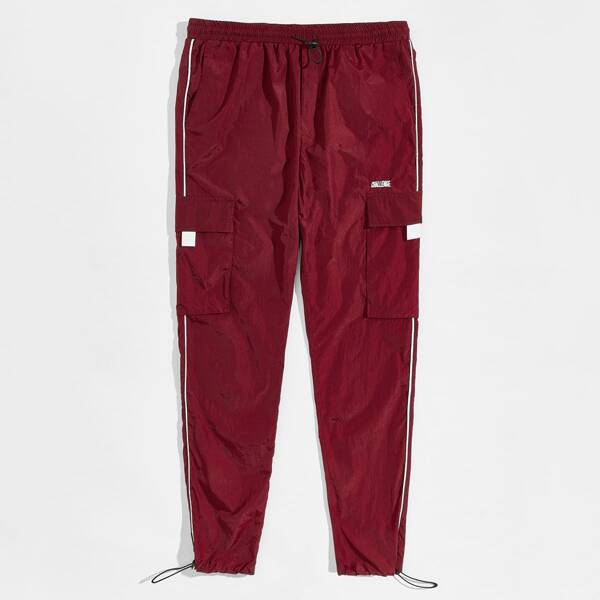 

Men Letter Embroidery Contrast Binding Flap Pocket Pants, Burgundy